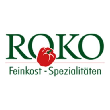 Logo ROKO Feinkost. Im O ist eine rote Paprika am Boden eingebettet.