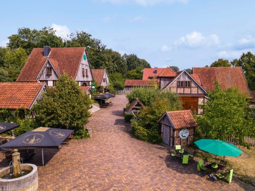 Ein Dorf mit Fachwerkhäusern an einem wolkigen Tag